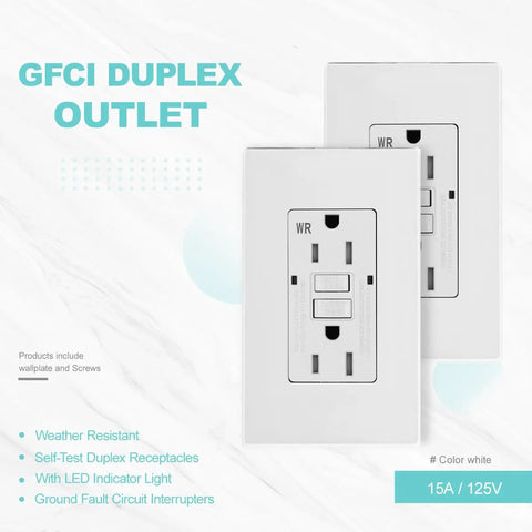 Image of GFCI Outlet Weather Resistant Tamper Resistant Outdoor Receptacle With Self Test LED Indicator 15 Amp 125 Volt in white.