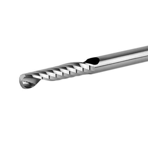 Close-up view of Five Piece O Flute End Mill Set With One Eighth Inch Shank Three Quarter Inch Cutting Length Solid Carbide Spiral Router Bits For CNC