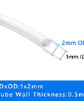 PTFE Teflon Tubing 1mm ID X 2mm OD, 10ft Length for 3D Printers, showing dimensions and wall thickness for smooth filament flow.