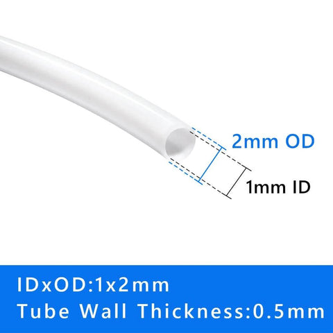 PTFE Teflon Tubing 1mm ID X 2mm OD, 10ft Length for 3D Printers, showing dimensions and wall thickness for smooth filament flow.