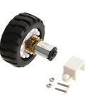 N20 Mini Gear Motor DC 6V 50RPM with D Shaft, attached to a plastic wheel, fixed frame, coupling nut, for DIY toys and robotics projects.