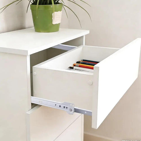 Heavy Duty Bottom Mount Drawer Slides For Furniture, 12 Inch White Steel Cabinet Tracks gliding smoothly in a drawer with pens.