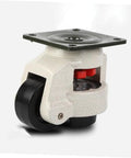 Hella Rugged Set Of Four Heavy Duty Leveling Swivel Casters With Extra Strong Steel Plate Mount For Smooth Workbench Rolling And Rock Stable Industrial Material Handling close-up of a caster with thickened bracket