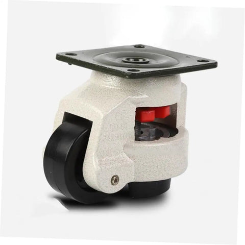 Hella Rugged Set Of Four Heavy Duty Leveling Swivel Casters With Extra Strong Steel Plate Mount For Smooth Workbench Rolling And Rock Stable Industrial Material Handling close-up of a caster with thickened bracket