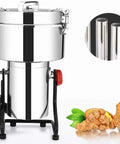 High Speed Electric Grain Mill Grinder Pulverizer For Kitchen Use, Vertical Design shown with metal body and turmeric roots