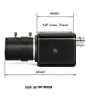 Side view of HD SDI Security Camera 2MP 1080P with size dimensions and 1/4 inch screw thread, showcasing compact design.
