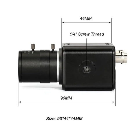 Side view of HD SDI Security Camera 2MP 1080P with size dimensions and 1/4 inch screw thread, showcasing compact design.