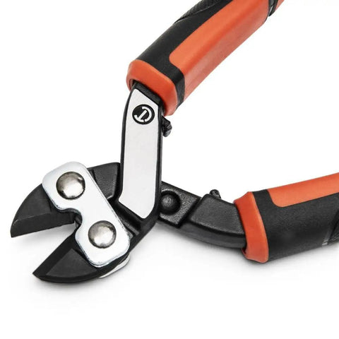Eight And One Half Inch Compact Wire And Bolt Cutter With Ergonomic Non Slip Grips in close-up showing cutting blades and non-slip handles