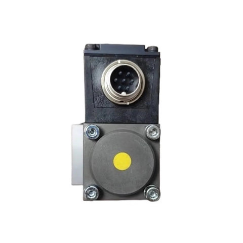 Front view of electric proportional valve; black top housing with round connector and gray valve body with a yellow dot.