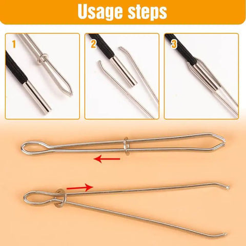DIY Rope Threader Clip Set For Drawstrings And Elastic Cords With Tweezers 2 Pack Metal Sewing Tool instructional image