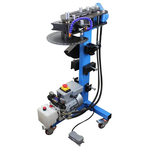 Built Tough 10 Ton Electric Hydraulic Pipe Bender Delivers Badass Performance On Steel Tubing With Reliable Foot Pedal Operation And Pro Grade Bending Die Set For Commercial Shop Work, showcasing hydraulic components and wheeled base.