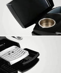 Close-up of Semi Automatic Espresso Machine For Home And Small Cafe Italian Style with drip tray and cup holder details.
