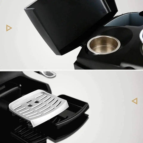 Close-up of Semi Automatic Espresso Machine For Home And Small Cafe Italian Style with drip tray and cup holder details.