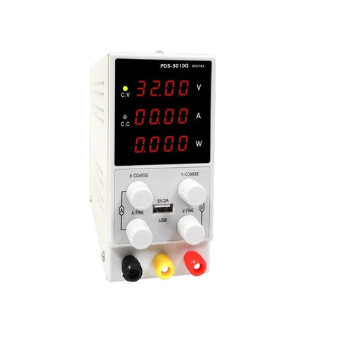 Adjustable DC Power Supply 0 To 30V 0 To 10A With Rock Solid Output And Low Ripple Built In Overvoltage Overcurrent Short Circuit And Overheat Protections Durable Case With Heat Dissipation Vents For Safe Lab Or DIY Projects front view with digital display and control knobs