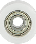 Ready To Roll V Groove Bearing Pulley Wheels For Linear Guide Rails Smooth Slide Track Rollers Heavy Duty Precision Engineered Build Quiet Operation Pack Of Four White close-up image of a white nylon pulley with a metal bearing center.