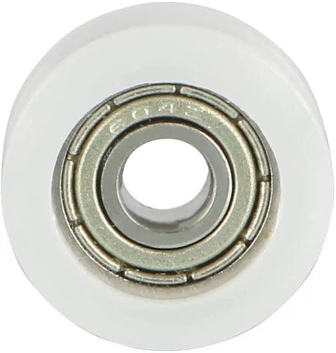 Ready To Roll V Groove Bearing Pulley Wheels For Linear Guide Rails Smooth Slide Track Rollers Heavy Duty Precision Engineered Build Quiet Operation Pack Of Four White close-up image of a white nylon pulley with a metal bearing center.