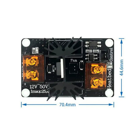 Two Pack 3D Printer Heat Bed Power Module 25A MOSFET Expansion Board With Snowflake Heatsink High Current Load Hotend and Bed Upgrade Kit Includes Cables for Lerdge and Other Printers., 70.4 x 44.6 mm black MOSFET board with snowflake heatsink and orange terminals
