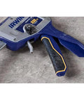 IRWIN Quick-Lift construction jack with blue body and black-yellow grip, close-up front view