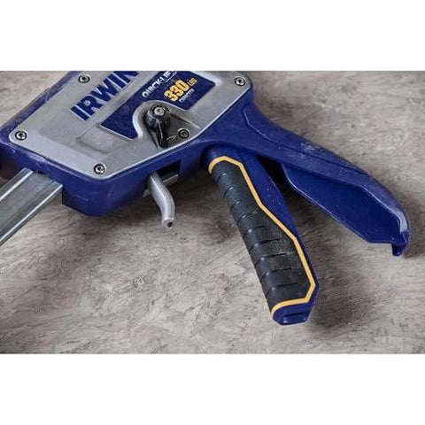IRWIN Quick-Lift construction jack with blue body and black-yellow grip, close-up front view