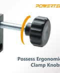 Universal Fence Clamps For Woodworking Set Of Two showing close-up of ergonomic clamp knob and threaded rod