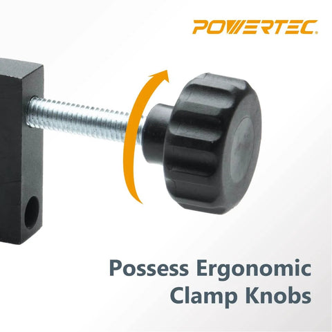 Universal Fence Clamps For Woodworking Set Of Two showing close-up of ergonomic clamp knob and threaded rod