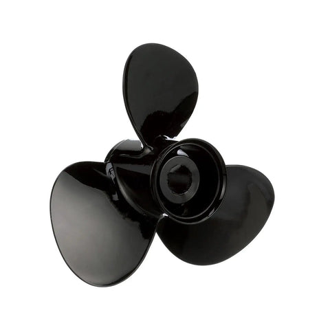 Black Max 3-Blade Aluminum Propeller For Outboards, 13 Inch Diameter, 19 Inch Pitch, Right Hand Rotation, Heavy Duty Marine Prop With Flo-Torq II Hub Kit Included. Close-up of the propeller blades and hub design.