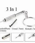 3 In 1 Glasses Screwdriver Kit With Keychain Holder For Eyewear And Small Devices, showing flat head, Phillips, hex bits