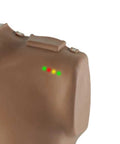 Level Up Your First Aid Game With This Legit Pro Adult CPR Training Manikin In Medium Skin Tone Featuring Real Time Chest Feedback Lightweight Carry Bag And Ten Extra Face Shields Included, showing feedback lights on the shoulder.
