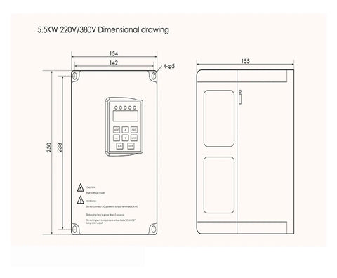5.5KW 220V/380V dimensional drawing of a control panel with measurements and buttons for CNC applications.