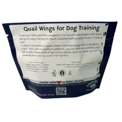 Back of Small Real Quail Wings For Dog Training Pack 10 Count Pro Grade Natural Training Aids bag with text and details