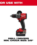 Milwaukee cordless drill/driver with red/black housing and M18 battery pack.