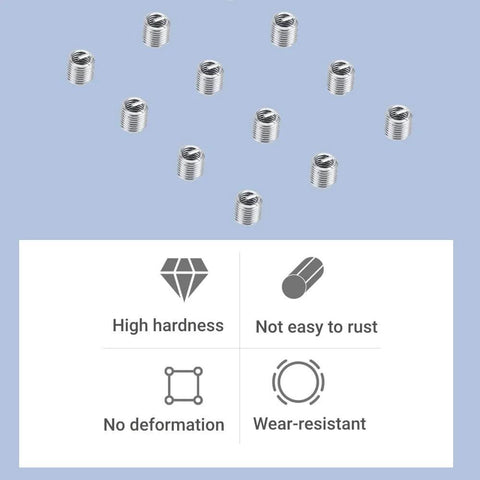 100 Pcs M4 Stainless Steel Helicoil Thread Repair Inserts Kit For Stripped Aluminum Engine Block Threads Wire Inserts For Rethread Repair DIY Friendly Heavy Duty Auto Motorcycle And Metalwork Fix shown with benefits icons.