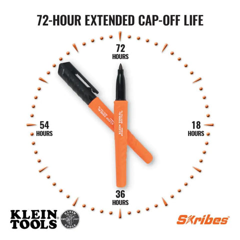 Skribes Fine Tip Permanent Marker 12 Pack For Worksite And Multi Surface Use Black Ink That Writes On Wet Dry And Oily Surfaces Pro Grade Industrial Markers For Construction And Trade Work, shown with cap off next to a 72-hour countdown display.