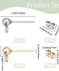 Hypoallergenic Stainless Steel Ball Earring Posts Kit With 100 Ball Posts And 100 Ear Nuts Two Color Stainless Steel Earring Posts Includes Butterfly Backs And Loop Connectors For Jewelry Making DIY, 15mm silver and gold size chart