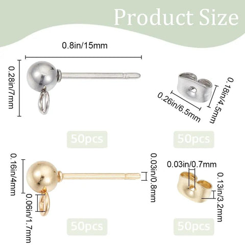 Hypoallergenic Stainless Steel Ball Earring Posts Kit With 100 Ball Posts And 100 Ear Nuts Two Color Stainless Steel Earring Posts Includes Butterfly Backs And Loop Connectors For Jewelry Making DIY, 15mm silver and gold size chart
