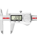 Digital Caliper 0.01mm, IP67, Stainless Steel displaying 22.33mm measurement on clear LCD screen.