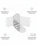 Four Pack Stainless Steel L Brackets 90 Degree Corner Supports for furniture and shelves with mounting screws, shown in close-up.