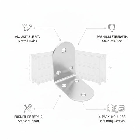 Four Pack Stainless Steel L Brackets 90 Degree Corner Supports for furniture and shelves with mounting screws, shown in close-up.
