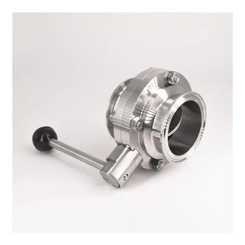 63mm Pipe OD 2.5 Inch Tri Clamp Sanitary Butterfly Flow Control Valve SUS 304 Stainless for home beer brewing, side angle view.