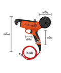 No Sweat Battery Powered Electric Plant Twist Tie Machine For Rapid Trellising And Crop Training, orange handheld tool with measuring dimensions.