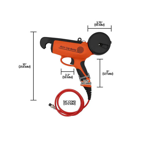 No Sweat Battery Powered Electric Plant Twist Tie Machine For Rapid Trellising And Crop Training, orange handheld tool with measuring dimensions.
