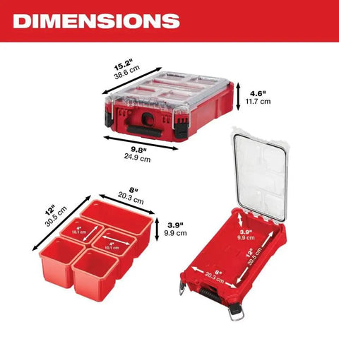 Packout 5-Compartment Small Parts Organizer With IP65 Weather Seal dimensions, red storage tray configuration and measurements.