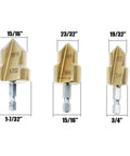 Three Pack PPR Lifting Stepped Drill Bits For Water Pipe Repair And Deburring, Titanium Coated High Carbon Steel, Quick Change