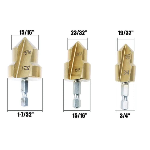 Three Pack PPR Lifting Stepped Drill Bits For Water Pipe Repair And Deburring, Titanium Coated High Carbon Steel, Quick Change