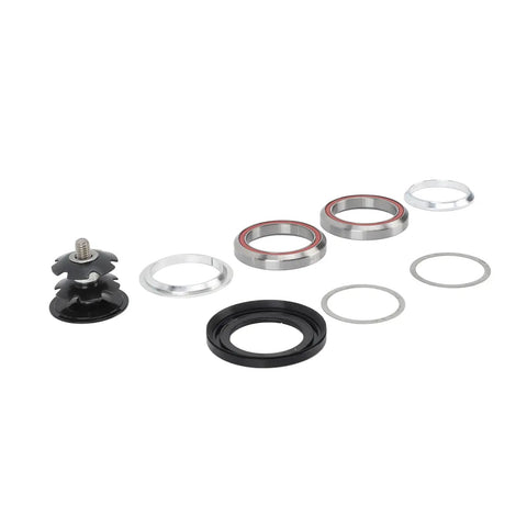 Ride Ready Aluminum Bike Headset Combo with Double Sealed Bearings laid out with star nut and parts, CNC machined finish visible.