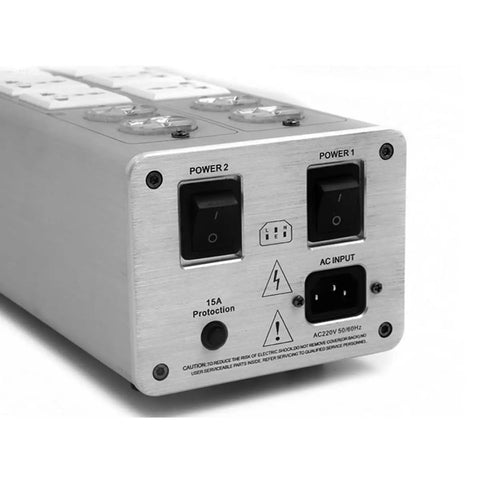Kill The Hiss For Good With This Advanced Audio Video Power Purifier And Line Conditioner showing back panel with power switches and AC input.