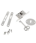 Vintage Style Drawer Lock Set With Keys Five Piece Hardware showing metallic lock and key components for cabinets and boxes.