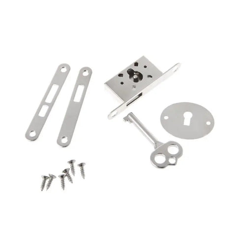 Vintage Style Drawer Lock Set With Keys Five Piece Hardware showing metallic lock and key components for cabinets and boxes.