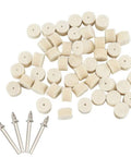 Fifty Piece White Thirteen Millimeter Wool Felt Polishing Buffing Wheels With Four Shank Adapters on a white background.