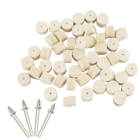 Fifty Piece White Thirteen Millimeter Wool Felt Polishing Buffing Wheels With Four Shank Adapters on a white background.